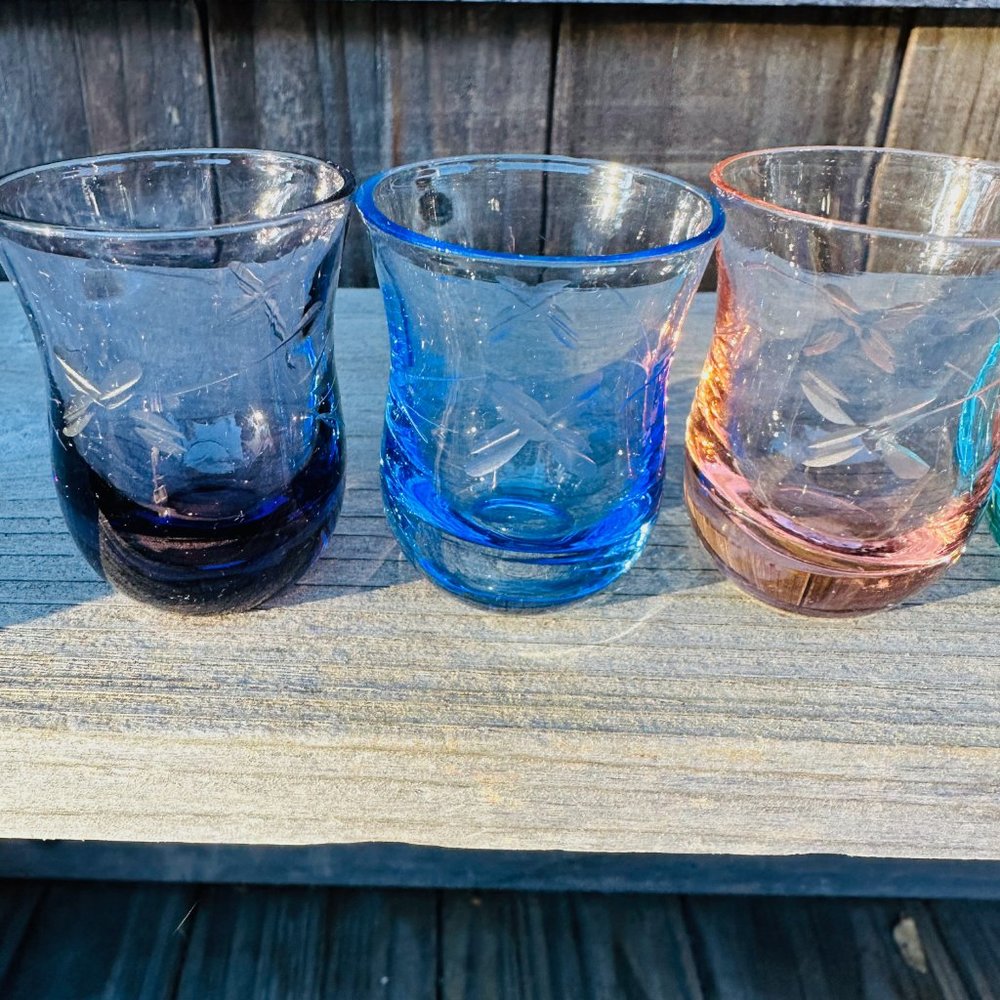 Mid-Century Bohemian Etched Dragonfly Glasses Cordial Liquer Set Of 5 - Picture 3 of 11
